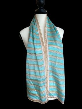 Vintage Demaro Silk Light Aqua & Rose Gold Stripe Skinny Neck Scarf 8” x 58”